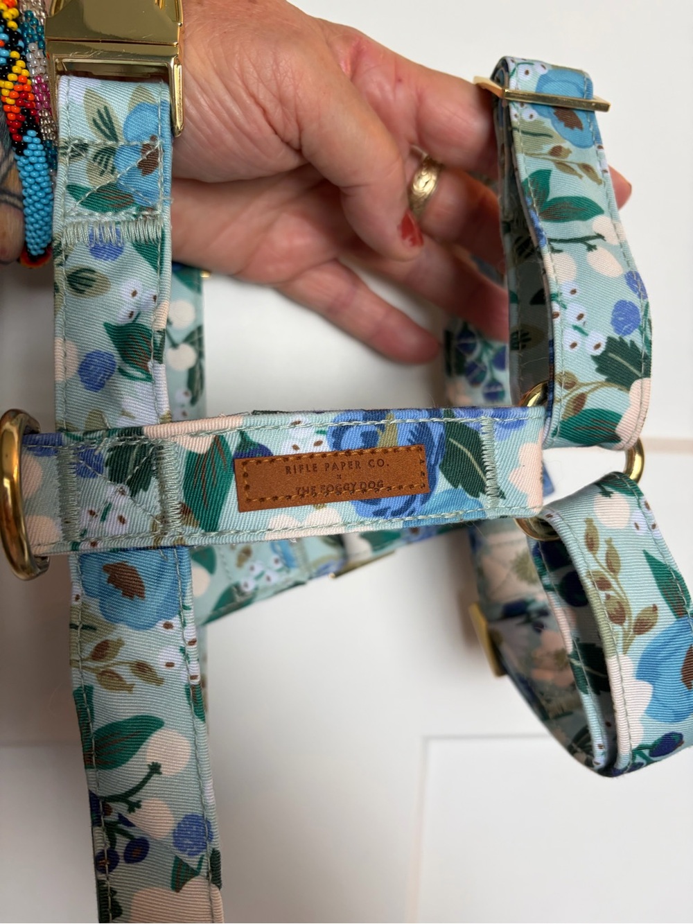 Rifle Paper Co. Mint Floral Dog Harness The Foggy Dog with Gold Hardware